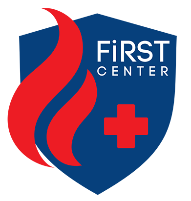 blue shield with red flames and red cross